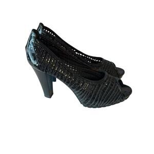 Aquatalia Women’s 3” High Heel Peep Toe Pump Shoes Size 8 Black Black Tie Formal